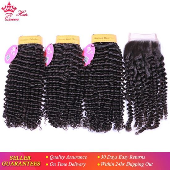 Photo de Queen Hair Extension 100% Human Hair Weave Bundles With Closure Indian 3 pcs Kinky Curly Bundles With Lace Closure