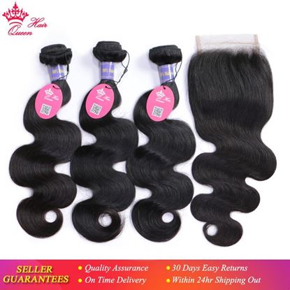 Picture of Queen Hair Malaysian Body Wave With Closure 3 Bundles & 4x4 Lace Closure 4 Pcs/Lot Virgin Human Hair Weave Bundles With Closure