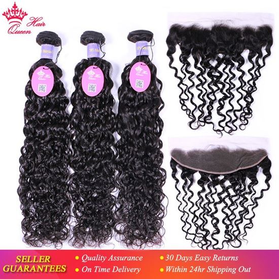 Picture of Queen Hair Malaysian Water Wave Bundles With Frontal Human Hair Bundles With Closure Virgin Lace Frontal Closure With Bundles