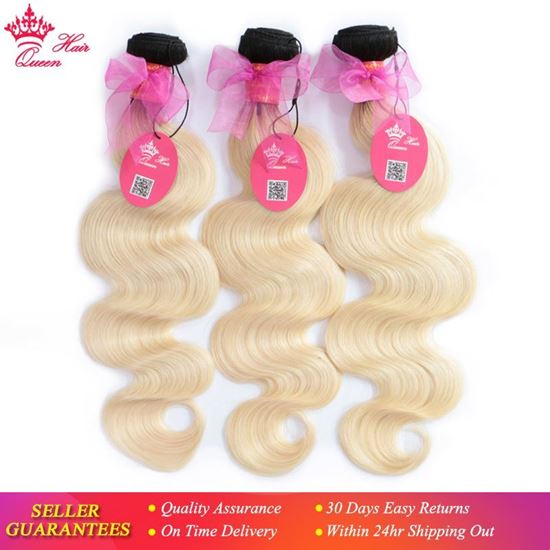 Picture of Queen Hair Products Ombre Brazilian Body Wave Bundles Deal 3pcs #1B/613 Ombre Blonde Remy Human Hair Extensions 12-20 Inches